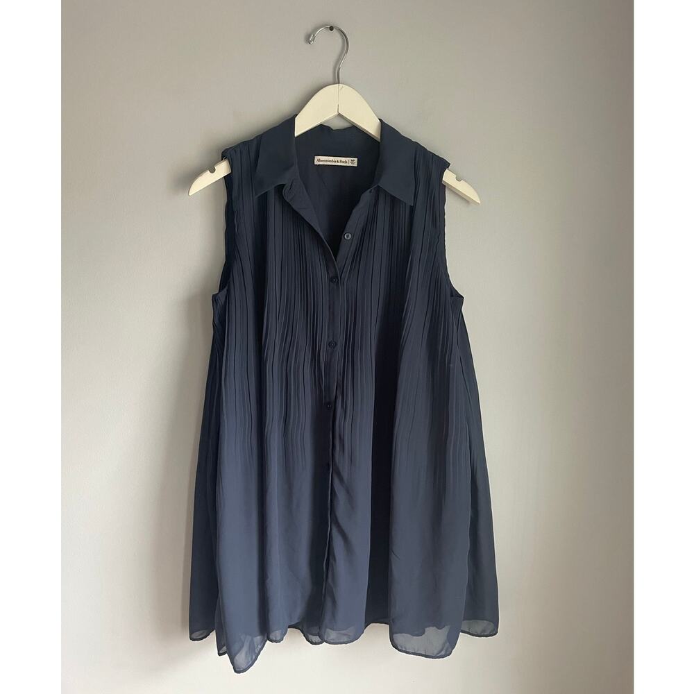 Abercrombie & Fitch navy blue chiffon pleated collared mini dress medium petite - Picture 1 of 5